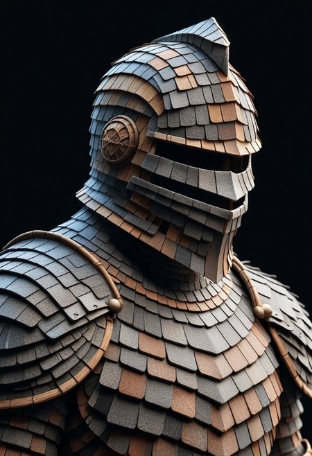 detailed, realistic, 8k uhd, high quality, masterpiece, mad-shingles, knight, knight armor made of shingles, helmet, black background