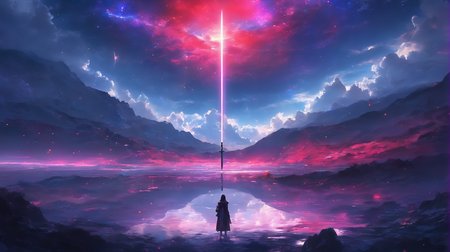 masterpiece, best quality, light particle, depth of field, , field, scenery, fantasy, , red light, blue light, far away, no humans, pastel colors, chromatic aberration abuse, dark, cloudy sky, space, blue aura, aura, cinematic, dark atmosphere, day, dark hole, glowing eyes, purple light, illumination, cliff, sword, floating object,