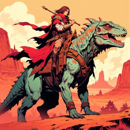 intricate linework with expressive contrasts, soft lighting with dynamic highlights, In the style of ff-td, red desert with dunes in background, a huge lizard with vibrant coloring being ridden by a human,