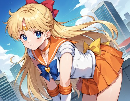 score_9, score_8_up, score_7_up, source_anime,
sailorvenus, <lora:sailor-venus-ponyxl-lora-nochekaiser:1>
sailor venus, blonde hair, blue eyes, bow, hair bow, half updo, long hair, red bow, tiara,
back bow, choker, elbow gloves, gloves, jewelry, magical girl, orange choker, orange sailor collar, orange skirt, sailor collar, sailor senshi uniform, school uniform, serafuku, skirt, white gloves,
outdoors, cityscape, bent over,
looking at viewer, cowboy shot, dutch angle,
