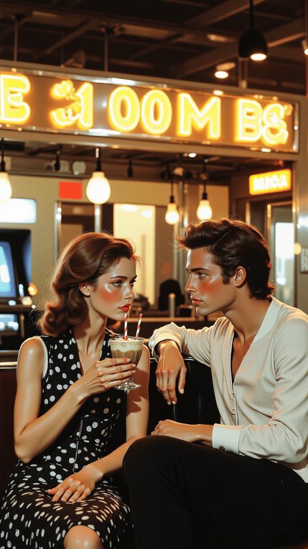 Nova-80s, Photorealistic retro-style illustration of a romantic couple sitting closely in a classic diner booth, lost in each otherâs gaze. The woman, wearing a vintage polka-dot dress, leans in with a soft smile, her fingers resting gently on his hand. The man, dressed in a white shirt with rolled-up sleeves, looks at her with deep affection, his other hand stirring a shared milkshake with two straws. The warm, golden glow of neon signs reflects off the chrome details of the diner, casting a nostalgic, intimate atmosphere. A jukebox hums softly in the background, while the faint glow of streetlights outside hints at a quiet, late-night moment. Retro photorealistic styleârich textures, soft film grain, warm color grading, detailed lighting reflections, expressive facial features, and classic 1980s American aesthetics <lora:Be_luminous_flux_lora:0.9> <lora:lora.TA_trained_(1):1.5>