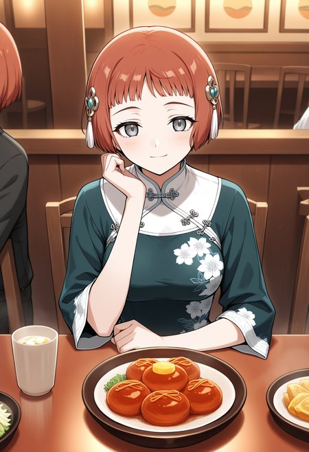 <lora:LastExileLaviIL:1>, laviehead, grey eyes,
light smile, hair ornament, qipao dress, floral print,
pov across table, pov dating, sitting, smile, food, cup, upper body, restaurant, chair ,
masterpiece,best quality,amazing quality,