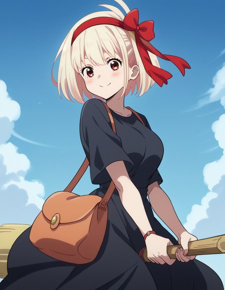 score_9, score_8_up, score_7_up, source_anime, chisatonishikigi, <lora:chisato-nishikigi-s1-ponyxl-lora-nochekaiser:1>, chisato nishikigi, short hair, bangs, blonde hair, red eyes, hair ribbon, one side up, bob cut, large breasts,, <lora:witch-kiki-cosplay-ponyxl-lora-nochekaiser:1>, witch kiki cosplay, kiki (majo no takkyuubin) (cosplay), bag, black dress, bow, bow hairband, cosplay dress, hairband, long dress, red bow, red hairband, shoulder bag, sleeves past elbows,, blue sky, broom, broom riding, smile, blush,, cowboy shot, looking at viewer,