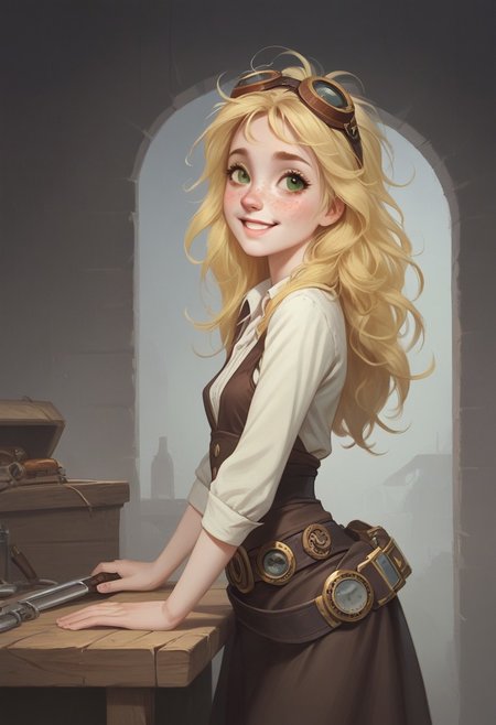 score_9, score_8_up, score_7_up, extremely detailed, sepia tone, old photograph, 1 girl, short, pale skin, cute face, green eyes, freckles, long blonde hair, messy hair, petite, small breasts, tool belt, steampunk goggles, leaning against table, in a workshop, amazed expression, smiling, from side, mgxt