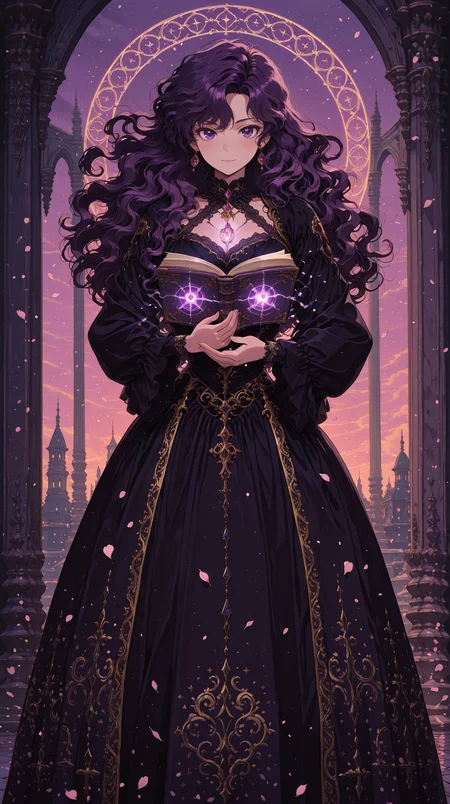 1girl, dark purple wavy hair, striking silver eyes, wearing an elegant gothic-style sorceress dress with golden embroidery, floating mid-air with swirling enchanted mist around her, open book glowing with magical runes, intricate magical sigils forming around her hands, deep twilight sky with drifting cherry blossom petals, cinematic composition, atmospheric lighting, highly detailed masterpiece, best quality, amazing quality, very aesthetic, absurdres, detailed eyes, newest, <lora:PinkieRetroAnimeIL:1>, pinkretroanime, retro art,