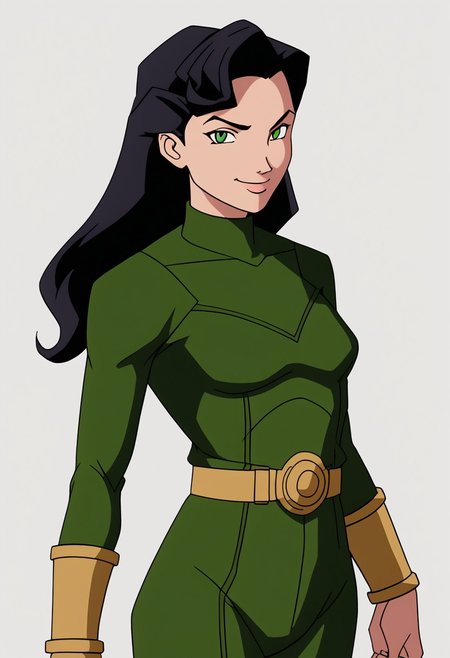1girl, female focus, solo, Caitlin, black hair, long hair, green eyes, small breasts, turtleneck, Power Pack uniform, asymmetrical clothes, print bodysuit, green bodysuit, black bodysuit, bracers, metal bracers, belt, cowboy shot, looking at viewer, smile, v, rating_safe, simple background, white background