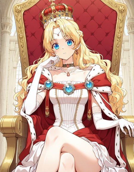 <lora:Athanasia_r1:1>
1 girl, solo, princess, blue eyes, blonde hair, long hair, wavy hair, french braid, bangs, parted bangs
white dress, necklace, collarbone, earrings, choker, gem, jewelry, red cape, crown, bracelete, pearl necklace, white gloves, elbow gloves
(Anime_source),Masterpiece,(perfect female body:1.2), small waist,(incredibly detailed:1.4), slim, beautiful fingers, beautiful white skin, Beautiful clear skin, thick thighs, parted lips, looking at viewer,  1girl, sitting on throne, crossed legs, castle room background