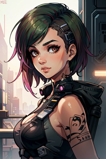(masterpiece:1.2),(best quality:1.2),(high resolution:1.2)
 <lora:CyberJudy:0.8>
CyberJudy, 1girl, solo, asymmetrical hair, green hair, pink hair, brown eyes, tattoo,  ilya kuvshinov, artgerm