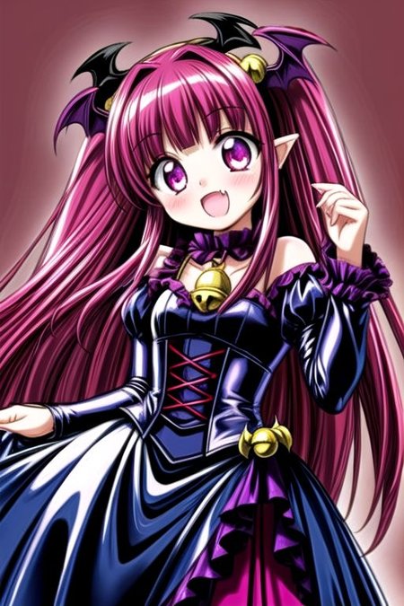 Bad_End_Precure, DarkPrecure, evil corrupted princess wearing dark pastel (ruffled:1) (gleaming latex:1) gown with (long latex vampire cloak:1) and (long frilly bell sleeves), soft lighting, ruffles, (cute little vampire fang:1.5)
(vmpr:1),
<lora:more_details:1>,