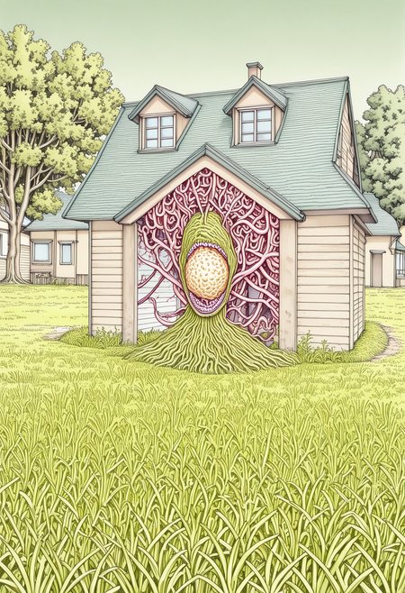 skstyle, horror (theme), highly-detailed, best quality, masterpiece,  very aesthetic, scenery, house, trees, grass