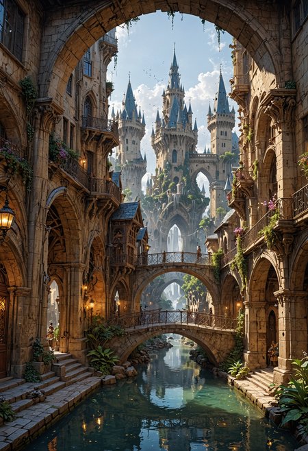 Sharn. a grand capital city of towers nestled in the heart of a magical realm inspired by Eberron. The city stands as a testament to both architectural splendor and mystical enchantments. The bridges connect the towers, and are filled with a diverse array of creatures, both human and fantastical, going about their daily routines. The towers showcase a harmonious blend of traditional medieval design and whimsical magical enhancements. Ornate bridges span over flowing rivers and canals, connecting various districts of the city. Gardens and parks are interspersed throughout, teeming with vibrant, otherworldly flora and fauna. In the central square, a magnificent fountain serves as a gathering place, its waters sparkling with magical energies.
 (highly epic detailed geometric futuristic:1.5), centered, middle of an Insanely colorful epic realistic, (centered with the frame:1.4), prismatic. grid, triangles, fractal, elemental fusion,  (gold:0.9), (chromium:0.9) <lora:EpicF4nta5yXL:0.8>