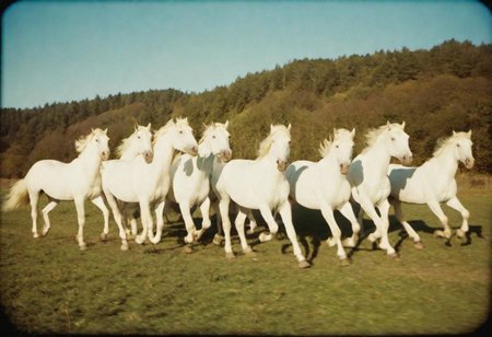 7 running white horses light projection in the style of polaroid film, holga 120n, juxtaposition of light and shadow, scene sunshine background