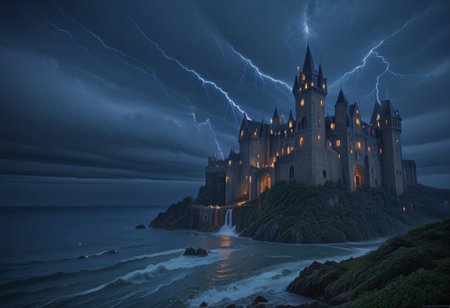 Stable_Yogis_PDXL_Positives, masterpiece,best quality,amazing quality,very aesthetic,high resolution,ultra-detailed,absurdres,newest, outdoors, mw01out, mwl01, castle, castle on the edge of a cliff, white walls, purple turrets, nighttime, night, thunderstorm in the distance, thunderclouds, overlooking the ocean, stormy