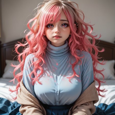 score_9_up, score_8_up, score_7_up, (masterpiece), (best quality), (ultra-detailed), (very aesthetic:1.2), intricate details, perfect composition, absurdres, romantic atmosphere, 
1girl, solo, <lora:KyoukoPONY:1>, kyouko,pink hair,multicolored hair,long hair,wavy hair,messy hair,bangs,pink eyes,
dress shirt,open cardigan,brown cardigan,pleated skirt,blue skirt,grey turtleneck,undershirt,
fantasy inn, bedroom, arm support, sitting,
<lora:43stl1ght1ngXLP2:0.5>, 43stl1ght1ng, <lora:Expressive_H-000001:0.8>, expressiveh, <lora:d3t41l3dXLP:0.5>, d3t41l3d, <lora:add-detail-xl:1>, zPDXLrl