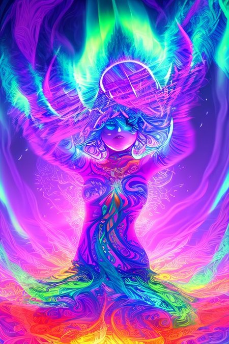 Ice girl dances in the snow, beats a tambourine. Arctic, The night sky with the aurora borealis (An image with very contrasting and vivid psychedelic colors) (OverallDetail, DaSa, psychedelic)