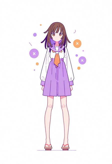 Flatline, Flat vector illustration, looking at viewer, full_body, 
nadeko, long hair, long bangs, brown hair, school_uniform, sailor, 
slim, slender, knees, long legs, beautiful legs, barefoot, geta wooden sandals, 
from front, front view, straight-on, look at viewer, standing, (legs apart:1.4), 
white background,