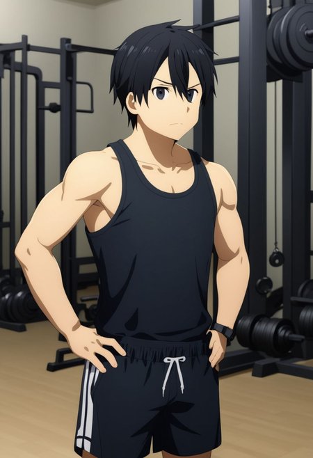 high resolution, professional photography, best quality, 1Boy, Kirigaya Kazuto, Black Hair, Black Eyes, overalldetail, Gym Boy, tank top, shorts, exercise, gym