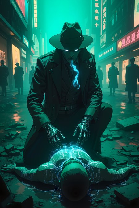 In the neon-lit ruins of a forgotten metropolis, a detective with cybernetic eyes and a trench coat lined with shifting, holographic patterns kneels beside a body that isnât entirely human. The corpse flickers in and out of existence, glitching like a broken simulation, its veins pulsing with lines of unreadable code. Rain falls in heavy sheets, pooling in the cracks of the shattered pavement, reflecting the cityâs sickly green glow. Above, digital billboards sputter with half-formed advertisements, their distorted faces whispering promises of salvation. The investigator adjusts his glovesâsynth-leather embedded with microscopic sensorsâbefore reaching out to touch the body, his fingers passing through its unstable flesh. From the shadows, unseen figures watch, their silhouettes barely distinguishable from the ruins around them. The air hums with static, and somewhere in the distance, a broken radio plays a song that ended decades ago. The detective exhales a cloud of neon-blue mist, his breath reacting to the corrupted air. Heâs seen a lot of murders, but this one might not belong to this reality. , detailed background  Fantastic lighting. Detailed shadows.intricate details, vivid colors, hyper-detailed, ultra-sharp, , <lora:aesthetical-000003:0.15><lora:aidmaNSFWunlock-FLUX-PonyStyle-v0.1:0.15><lora:Flux-jijia:0.1><lora:GLSHS:0.6>