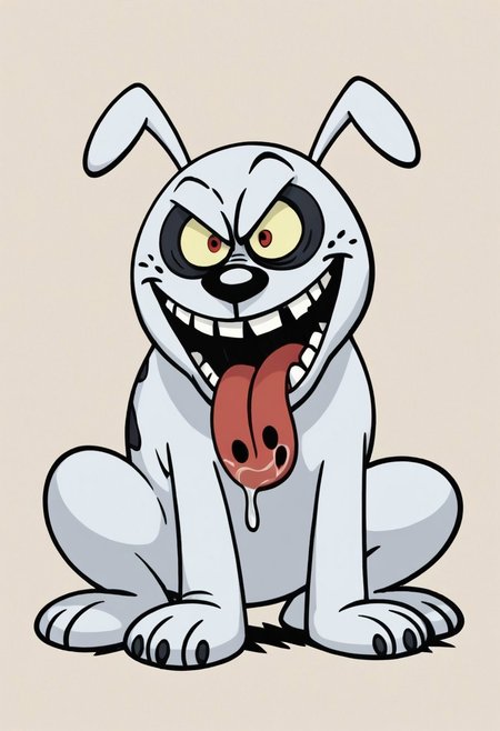 (score_9 | score_8_up | score_7_up) ((masterpiece:1))(best quality,very high quality,ultra detailed:1.2) (2D,cartoon style,anime style)(Smooth:2)(clean blurring) (four fingers on each hand,one thumb on each hand:1), solo, charles, dog, black spot on left eye, white, paw, dog paws, runaway brain, monstrous look, angry face, exagerated features, intense eyes, aggressie expression, hunched, menacing, sharp teeth, full body, tongue, salivia, hunched over, all fours,