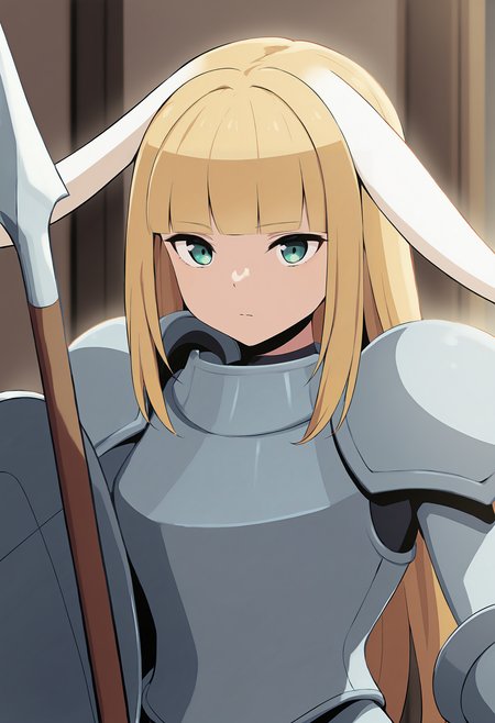 masterpiece, best quality, anime,,detailed_background,indoors,long hair,highres,blonde hair,ears down,closed mouth,breastplate,blunt bangs,defender rabbit,holding shield,weapon,armor,rabbit girl,1girl,holding weapon,rabbit ears,holding polearm,expressionless,animal ears,pauldrons,spear,solo,araiyme,holding,polearm,shield,looking at viewer,rabbit and steel,shoulder armor,upper body