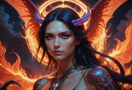 An angel battling a demon in a fiery landscape cover, hyperdetailed painting, luminism, octane render, Bar lighting, complex, 8k resolution concept art portrait by Martina FaÄkovÃ¡ and Prywinko Art, Artgerm, WLOP, Alphonse Mucha, Tony Taka, fractal isometrics details bioluminescence, hypereallistic cover photo awesome full color, hand drawn, bright, gritty, realistic, davinci, erte .12k, intricate. hit definition , cinematic,Rough sketch, mix of bold dark lines and loose lines, bold lines, on paper , real life human