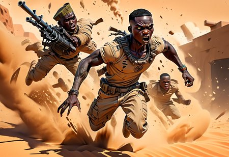 chibi,(black skin,) sand-colored torn T-shirt, (machine gun), 
shamanic tattoos on the body, 
action pose, run,
angry,
desert, sand, day, ruin, african hit, 
BREN Mk1 Light Machine Gun,
(hands on machine gun),
African chibi man run with machine gun, (((black skin))), African,  ((( anarexic body))),  pear-shaped face, short neck, long arms, broad shoulders, Fleshy nose,  Low Forehead,  Bold Tapered black Eyebrows, African shamanic tattoos,
 (graphic novel style, dark novel style),(anime),(masterpiece:1.4), (colourful, soft cinematic light:1.1), incredibly lifelike, Extremely high-resolution details, 8k, best quality, extremely detailed, contrast,