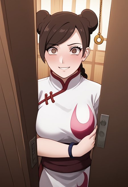 Tenten being hypnotized to undress,
score_9, anime, lewd, 1girl, smooth,
mind control, hypnotized,<lora:pendulum-ponyxl-lora-nochekaiser:1>, pendulum, holed coin, coin on string, hypnosis, mind control, coin, @ @,
door chain, peeking out, open door, undressing,
TentenPTS, hair bun, double bun, brown eyes, swept bangs, braid, chinese costume,