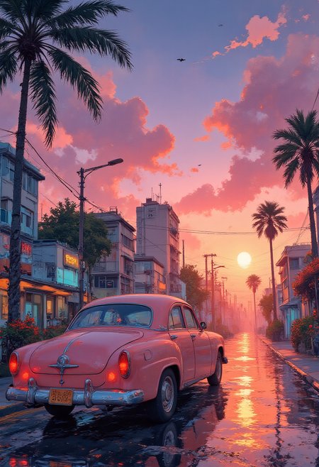 A sunset retro drive by Miami Beach, vibrant glow