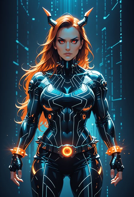 score_9, score_8_up, score_7_up, 
codeandigital, matrix, matrix codes, ai, ai consciousness, red and black digital world background, digital, science fiction, Long hair, Streaked Hair, red and orange hair, Multicolored Hair, red eyes, horns, blush, serious face, (muscular female:1.6), biceps, glowing chains, mechanical armor, glowing circuit lines, digital lines, code lines, mechanical gauntlets, cleavage cutout, bare shoulders, mechanical belt, cyberpunk, (goth:1.5), cyber goth, glowing spiked choker, red glowing spiked wristbands, action pose,