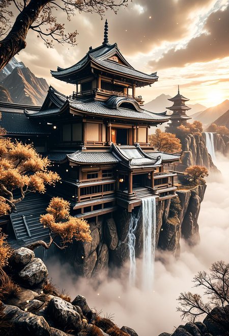 SmoothNoob_Quality, (sepia:1.5), glowing particles, blue and gray colors, no humans, east asian architecture, mountainous horizon, above clouds, fantasy, scenery, sky, trees, myouren temple, ethereal, fog, soft lighting,​​​​​​ <lora:Smooth_Booster:0.5>​​​