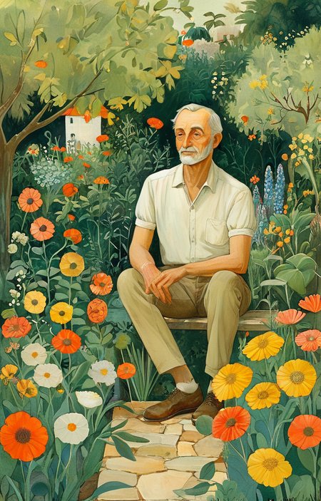 masterpiece,best quality,<lora:tbh143-sdxl:0.7>,portrait of man in garden,flowers,illustration,style of Alice Provensen