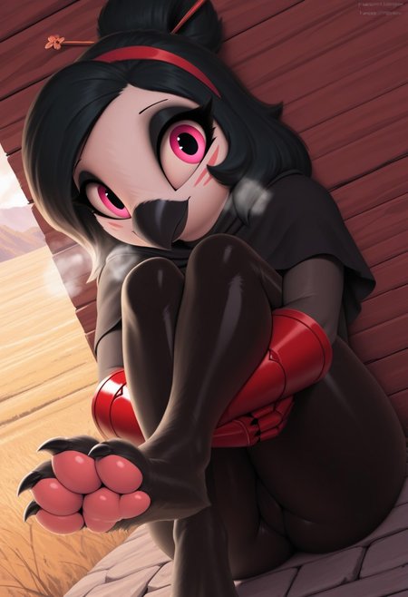 thousandfoldfeathers,  outdoors, undershirt, falling feathers, black bodysuit, hair stick, hugging own legs, , gauntlets,   eyeshadow,   red gloves, black capelet, red hairband, pink eyes, medium hair, black hair, 1girl, solo,  dynamic angle, foreshortening, furry, furry female, anthro, paws, claws, pawpads, steam, smell, visible, breath