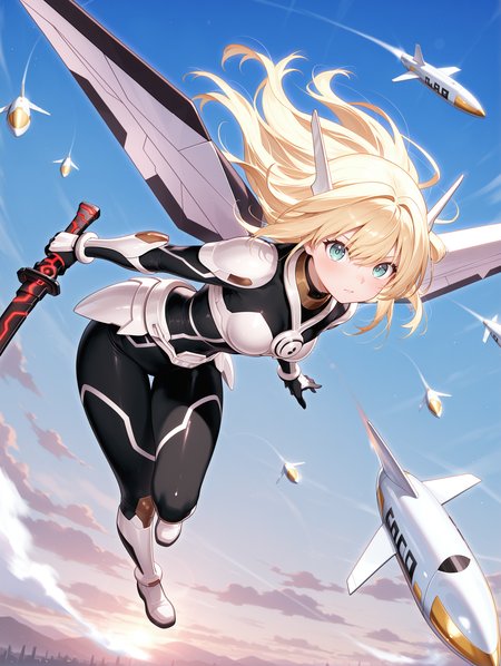 sky striker ace - raye, battle bodysuit, black katana, holding black katana, 1girl, solo, white mechanical wings, floating hair, blue sky, white headgear, white breastplate, black bodysuit, white armored gloves, white armored skirt, white armored boots, flying, midair,  white missile, looking at viewer, 
masterpiece,best quality,amazing quality,very aesthetic,absurdres,newest,<lora:Sky striker ace - Raye illusXL v1:0.75>,