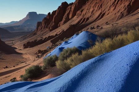 ((overlooking an exotic alien landscape)), ((blue sand)), ((sand is colored blue)), ((hills of blue sands)), green shrubs growing in the sand, shrubs are stubby and sporadic, sky is tinted yellow, land is blue dirt, ((dirt is blue)), ((sand is blue))