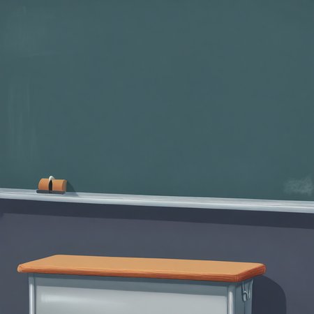 great quality,scenery,classroom,chalkboad background,desk focus,simple background,no humans