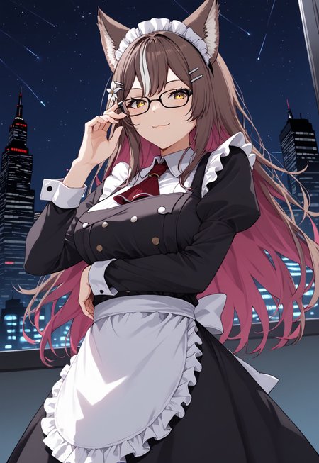 safe_pos, 1girl, solo, highres, chisaka1st, hairclip, hair flower, brown hair, streaked hair, white hair, animal ears, animal ear fluff, yellow eyes,

glasses, black-framed eyewear, 

maid, maid headdress, maid apron, black dress, black hairband, black ribbon, frilled dress, frilled apron, frills, red ascot, 

looking at viewer, from below, light smile, closed mouth, adjusting eyewear, arm under breasts, 

dark, night, night sky, cityscape, neon lights, backlighting,