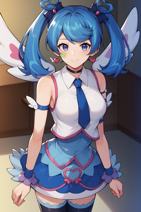 score_9,score_8_up,score_7_up,score_6_up,score_5_up,score_4_up, source_anime, aaangel, twintails, blue hair, hair bow, blue bow, blue eyes, facial mark, heart earrings, wings, heart, choker, blue necktie, sleeveless shirt, white shirt, arm strap, blue skirt, black thighhighs, <lora:blue_angel_XL_v1:0.8>, indoors, standing, cowboy shot, smile,