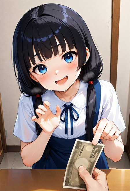 masterpiece, best quality, high quality, highres, absurdres, insanely detailed, amazing quality, very aesthetic, newest,  Anime screencap, zPDXL3, sfw
<lora:Hyper-SDXL-8steps-lora:1> <lora:StS-Illustrious-Detail-Slider-v1.0:3>
1girl, black hair, bangs, Straight bangs, blunt bangs, hime cut, long hair, straight hair, low twintails, long pigtails, hair tie,
dress, blue dress, white blouse, neck ribbon, bule ribbon, suspenders
<lora:refusing pose_illustrious_V1.0:1> refusing pose,hands up,palm
<lora:holding-money-pov-ponyxl-lora-nochekaiser:1> holding money pov, holding money, pov, banknote, holding,
wide-eyed, :d, smirk, blush, perspired, heavy breathing, sweat, foreshortening, head tilt, bent over, leaning forward,