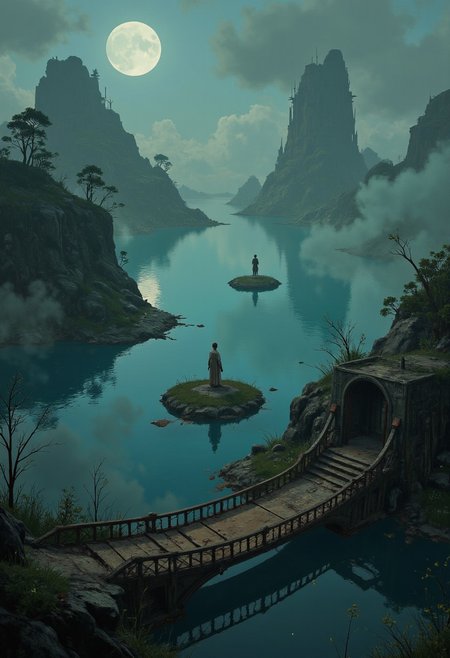 A lake of glowing mist rests between two crumbling castle ruins. Small floating islands drift across the surface, each one adorned with a statue that moves ever so slightly when no one is looking. A single bridge, made of aged and splintered wood, stretches across the mist, its railings engraved with runes that no one has deciphered.
, aidmabaldursgate3,