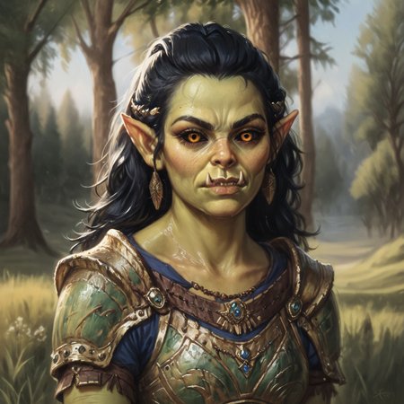 (((beautiful, high quality))), upper Body, score_9, score_8_up, score_7_up, valeria, Orc, fangs, pointed ears, black sclera, 1girl, green skin, amber eyes, amber eyes, fur trim, fur armor, looking at the viewer, dynamic pose, blurred background, in the style of jeff-easley, oil painting, realistic, black hair, short sleeves, serious look,