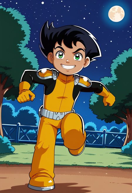 score_9, score_8_up, score_7_up, highly detailed, CuteCartoonStyle, cute boy, 1boy, solo,  Tony_Clark, Black Hair, Green Eyes, Dark Skin, Yellow Bodysuit, Yellow Gloves, Yellow Pauldrons, Yellow Boots, Belt,  at night, full moon, running, motion blur, smug smile, park
DSCStyle, round eyes, exaggerated proportions, cartoonish features, anime-inspired, cute aesthetics, cartoonish proportions, highlights,smooth lines, glossy highlights, minimal detail, clean outlines, consistent line weight, gentle highlights