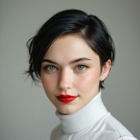 portrait, light makeup, neoteny, 18 years old, soft jaw, puffy mouth, large eyes, perfect yes, turtleneck white shirt, skinny , narrow face, european, face close up, 1girl, solo, black hair, bobcut, glossy red lipstick, lips, looking at viewer, realistic, grey background, smirking, simple background, face, green  eyes, upper body, eyelashes, close-up, nose, eyebrows, indoors, bright lighting, artistic shot, perfecteyes, blush embarassed, shy
