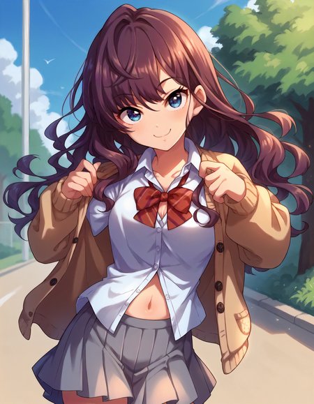 score_9,score_8_up,score_7_up,1girl,solo,cowboy shot,looking at viewer,smile,outdoors,
<lora:ichinoseshiki_ponyXLV6:0.8>,cgisk,purple hair + brown hair,long hair,wavy hair,blue eyes,
open cardigan,red bow,school uniform,navel,grey skirt