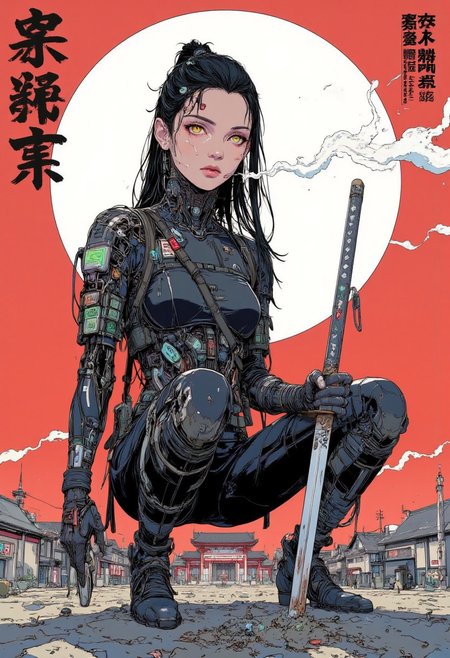 scifi, fantasy, masterpiece, best quality, great composition, Japanese Culture Style, Neo Photorealistic Art, Emotional Photos, 35mm film, Young Japanese Woman in skintight black ninja bodysuit, A Japanese sword is stuck into the ground, smoking, Japanese shrine background with a centered white circle, white sphere on the background, white sphere on a background,