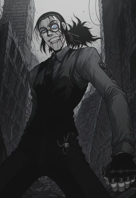 masterpiece, best quality, amazing quality, masterpiece, best quality, amazing quality, 1Boy, DarkWalter, blue eyes, black hair, back slicked ponytail, red hair ribbon, monocle, monocle over left eye, black tie, black vest, black pinstripe shirt, black pants, black fingerless gloves, keychain, standing. cowboy shot, dynamic pose, perspective, looking at viewer, angry, clenching teeth, ruins, blood on face, blood on mouth, evil smile,evil grin,crazy eyes, greyscale, monochrome,