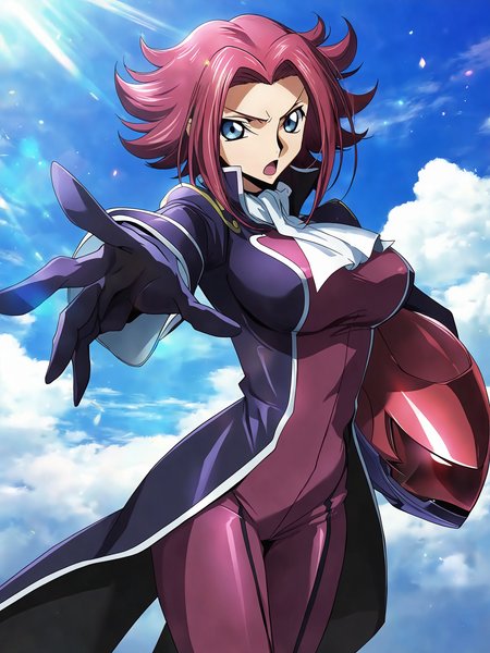 masterpiece, good quality, best quality, newest, absurdres, highres, shadow, very awa, cinematic, epic, official art, bloom, sidelighting, detailed, 
1girl, kouzuki kallen, code geass, zero \(code geass\),  cowboy shot, 
looking at viewer, determined, geass, open mouth, command spell, 
outstretched arm, holding helmet, unworn helmet, unworn headwear,
1girl, blue eyes, red hair, short hair, , greass,
black coat, black gloves, white high collar, ascot, purple jacket, purple pants, 
large breasts, curvy,
day, summer, blue skies, sunlight, 
5 fingers,