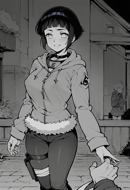 score_9, score_8_up, score_7_up, source_anime, teardrop breasts, breasts out, puffy nipples, choker, narrow waist, Freckles, choker, smile, (horns,:0.1), Expressiveh, flat color,, lineart, monochrome, greyscale,, short hair, dark blue hair, shiny hair, blunt bangs, grey eyes, no pupils, konohagakure symbol, forehead protector, hoodie, long sleeves, fur trim, capri pants, bandages, thigh holster, toeless footwear, zipper
