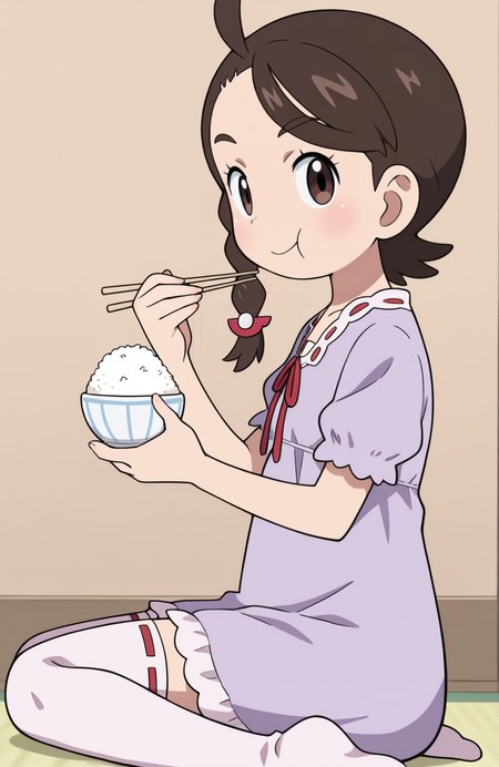 1girl, solo,
juliana \(pokemon\), brown hair, braid, purple nightgown, red ribbon-trimmed thighhighs, no shoes, upper body, holding chopsticks, rice bowl, from side, looking at viewer, eating, satisfied expression,
 <lora:Mitsudomoe:0.9> mitsudomoe, extremely detailed, highres, masterpiece, best quality