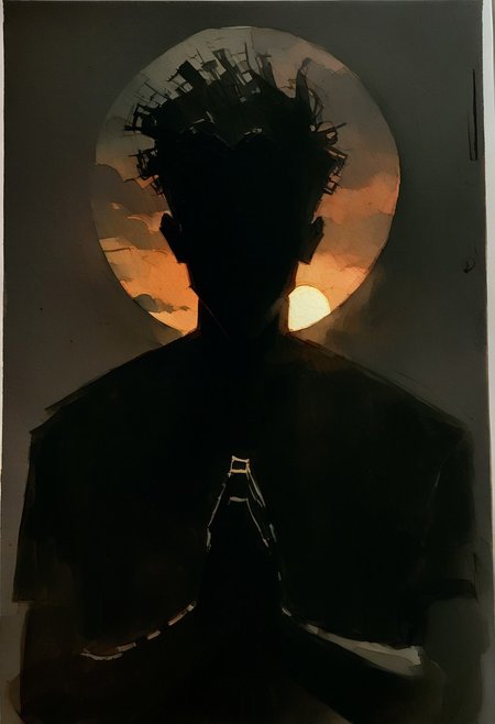 score_9, score_8_up, score_7_up, score_6_up, 1boy, watercolor painting, cowboy shot, man praying to the sun, solo, paper clouds, sinister, eerie, sunset, dark background, shadows, expressive, desperate, watercolor painting, ((charcoal sketch)), Open-Impressionism