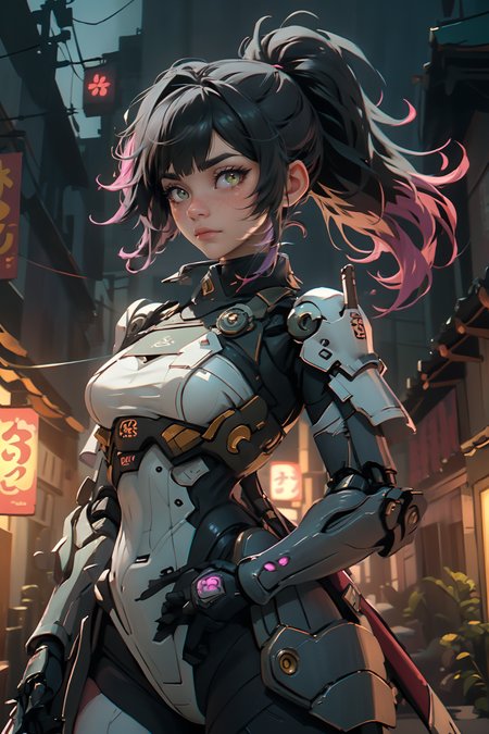 highres, masterpiece, perfect lighting, bloom, cinematic lighting, adult, female, looking at viewer, cowboy shot, (RSEEmma:1.5),<lora:RSERomantic_RSESofiko_RSEEmma-v1:0.3>,nijisamurai, glowing, armor, glowing eyes, mecha, <lora:Samuraibot:0.8>  side-swept bangs, black hair, pink IncursioDipDyedHair, messy mid ponytail, green eyes, thick eyebrows, freckles, <lora:DipDyedHair:1>